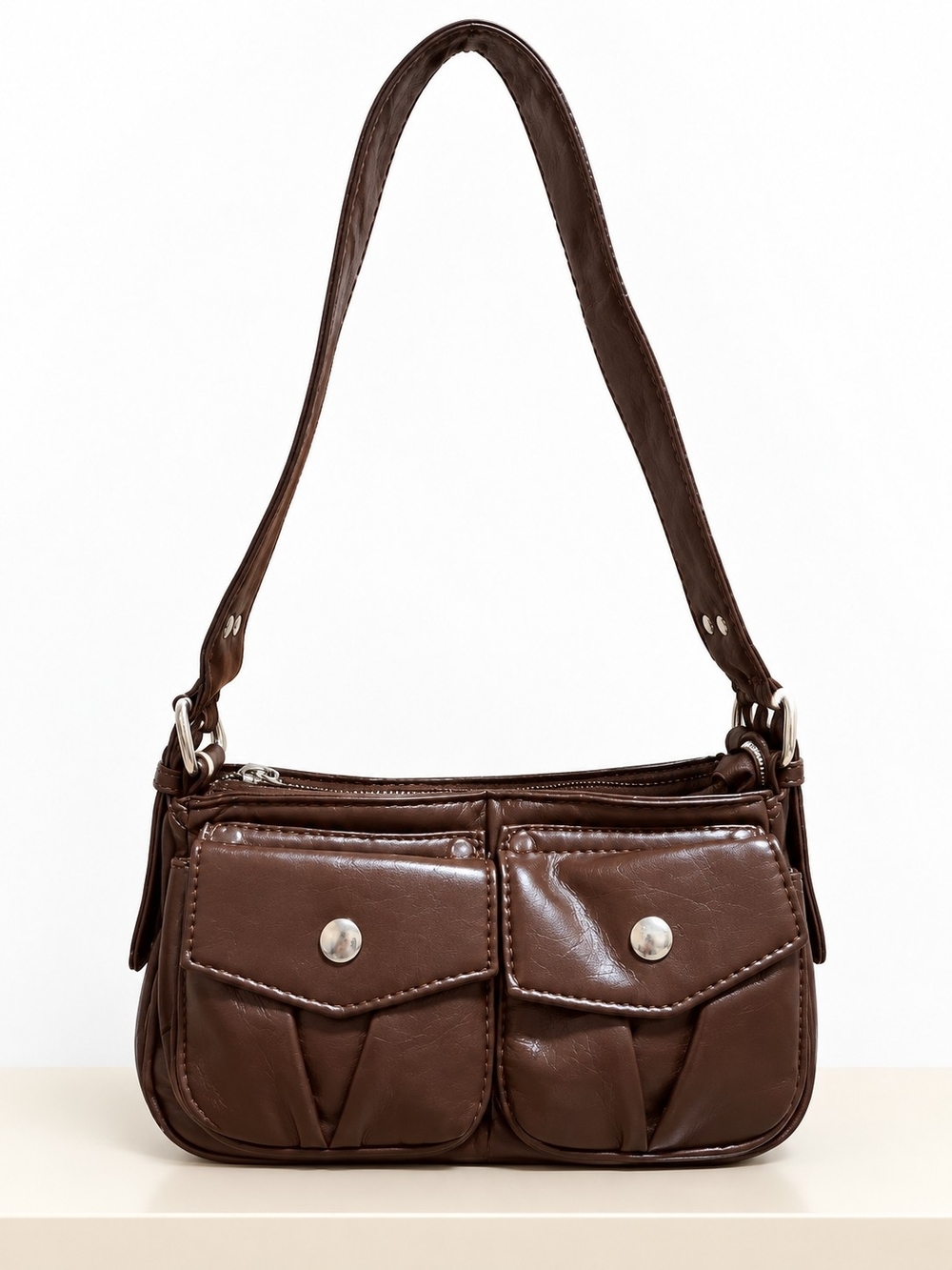 Brown Faux Leather Shoulder Bag with Front Pockets